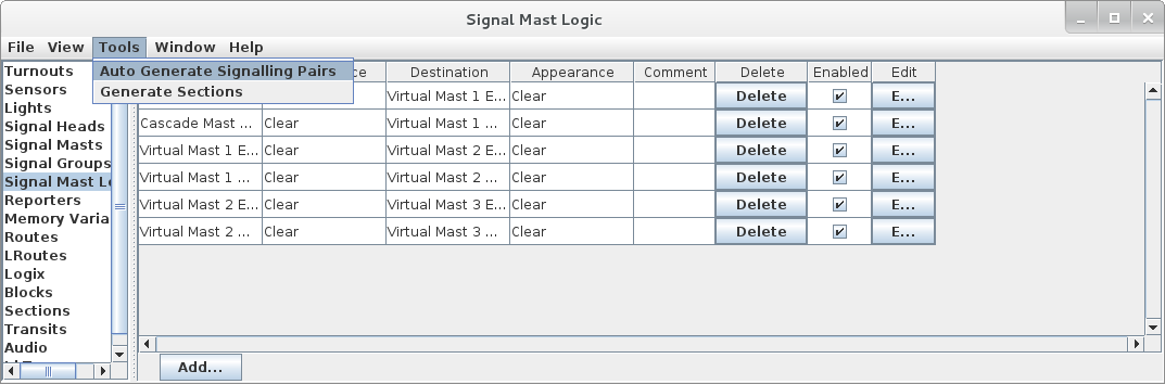 Auto Generate Signalling Pairs selection from the tools menu in the Signal Mast Logic Table.